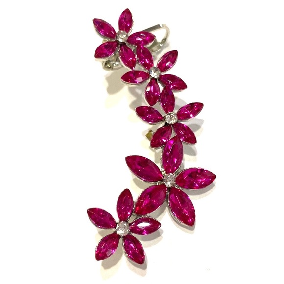 Ear Cuff Climber Flower Silver Tone Pink Rhinestones - Picture 2 of 4